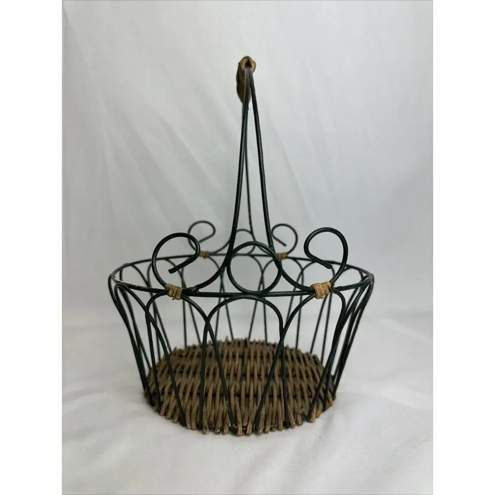 Vintage Wire & Wicker French Country Handled Basket~Dark Green~Farmhouse
